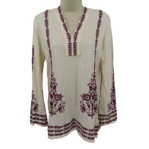 Johnny Was Women Small Ivory Purple Embroidered Hooded Pullover Shirt Top Hoodie